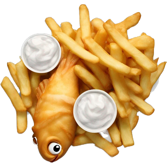 fish and chips on the plate. the ketcups are on the middle of the plate emoji