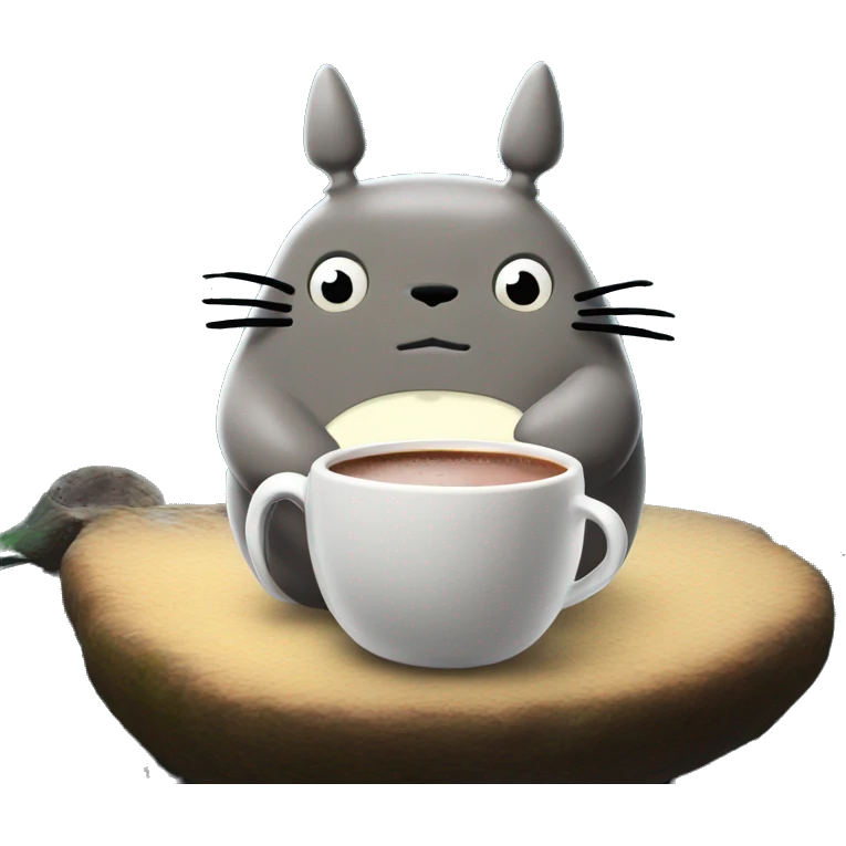 Totoro drinking hot chocolate in cosy forest emoji
