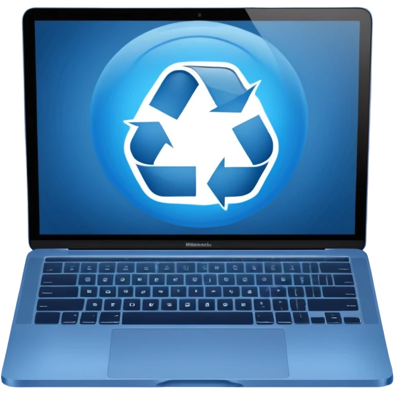 Un MacBook écran bleu transparent avec un signe de recyclage sur l'écran  emoji