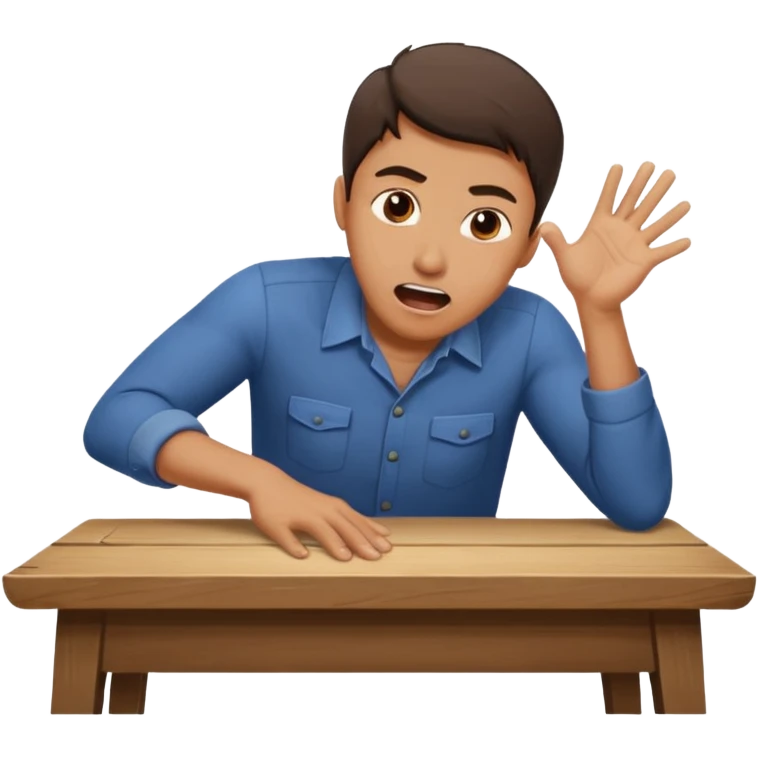 man working at table, leaning forward, hands on table, shouting with determination emoji