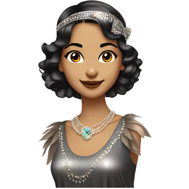 Feminine flapper jeweled style flapper headband short dark wave hair long eyelashes expression is she is smirking smiling and she is wearing sparkly shirt with sleeves and has wavy medium brown hair to shoulder  emoji
