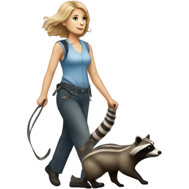 White woman walking a raccoon like a dog emoji