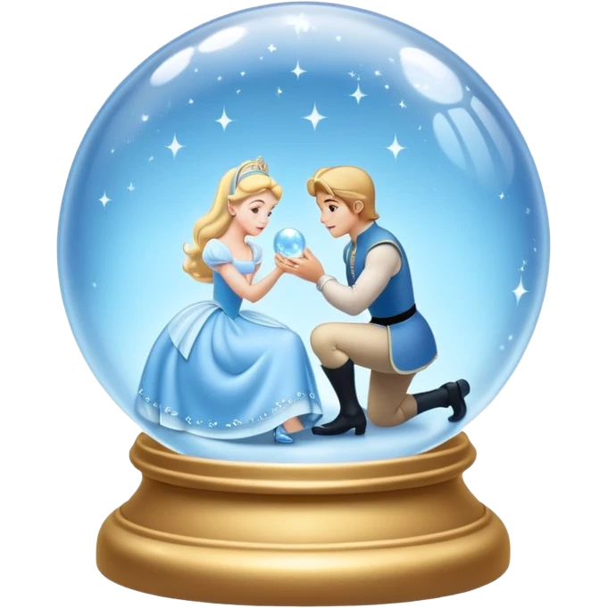 Hyperrealistic shiny crystal ball, ultra detailed,  displaying a realistic romantic disney scene, from Cinderella and her prince in the classic color scheme from the hyperrealistic disney movie, soft lighting, soft glow, very high quailty, not blurry, no emoji icons, no emoji faces emoji