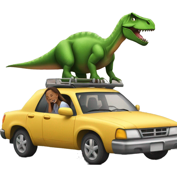 Girl laying on a car pulled by a dinosaur emoji