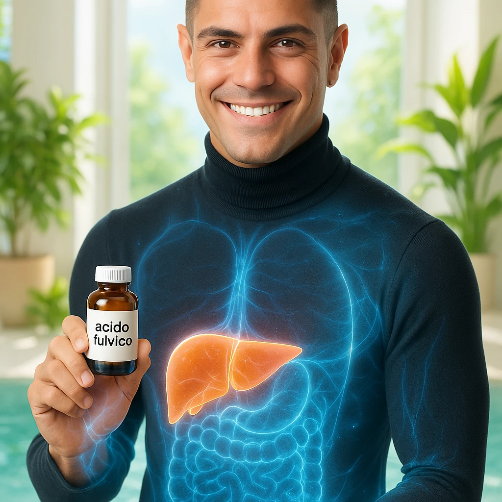 Uomo con il volto del riferimento, tiene una boccetta 'acido fulvico', energia traslucida visibile su pelle e fegato, ambiente luminoso con piante e acqua, stile wellness, testo in italiano. emoji