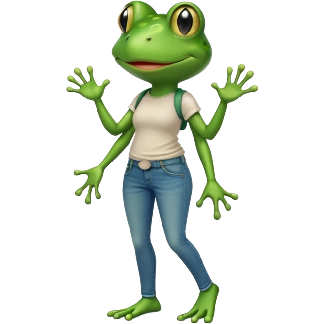 female anthropomorphic frog in jeans and t-shirt walking upright emoji