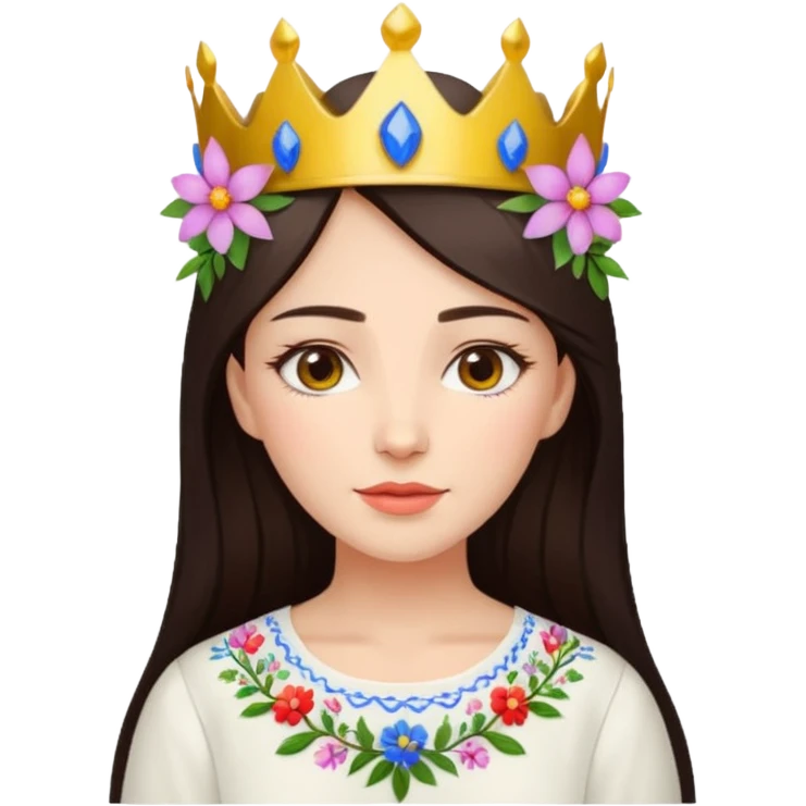 Ukrainian woman in a white embroidered shirt with dark hair and a crown of flowers on her head emoji