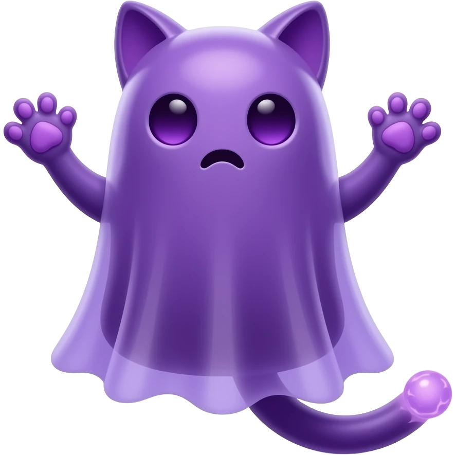 Stylized, high-quality digital art of a purple, ghostly cat creature with floating limbs and plasma spheres instead of paws, glowing aura, fantasy, My Singing Monsters fanart, bright, cinematic lighting, cute and spooky. emoji