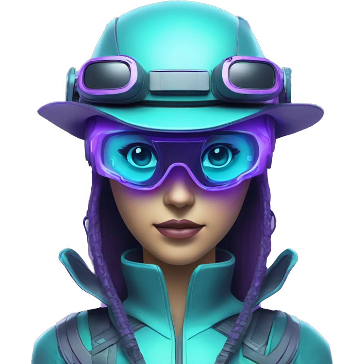 Secret humanoid agent in a futuristic hat with in Apple VR goggles headset code display on the goggles , cyberpunk, cyan and purple colors, only upper body portrait, front facing the camera  emoji