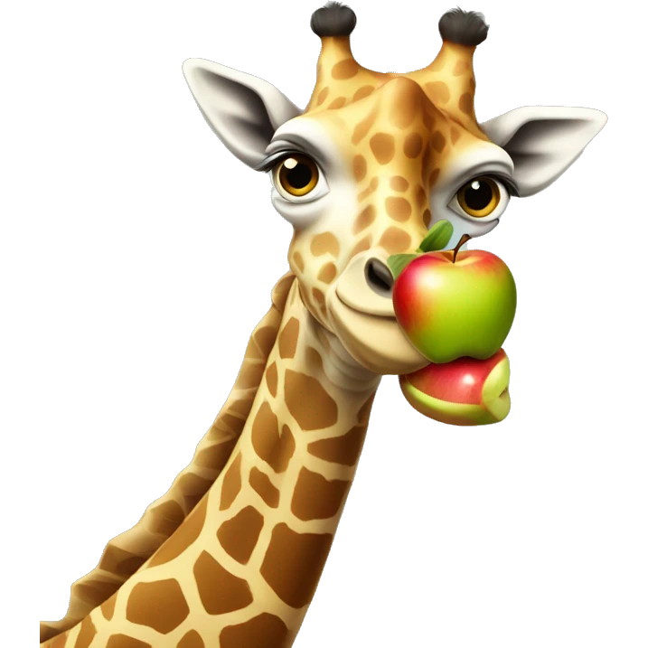 A cartoon looking Giraffe holding an apple bigger than itself emoji