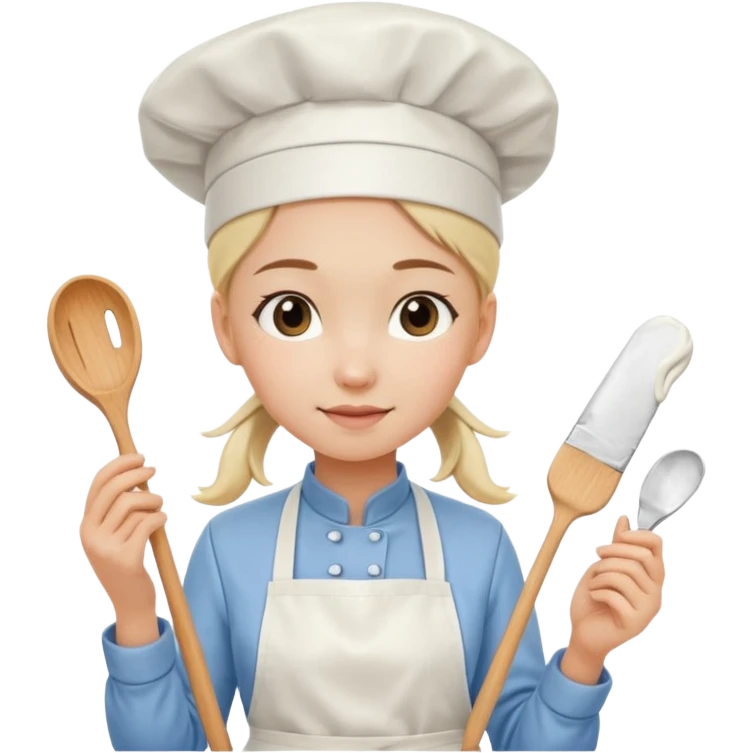 Young female pastry chef - single ponytail, apron, wearing a white hat, holding a cream piping bag emoji