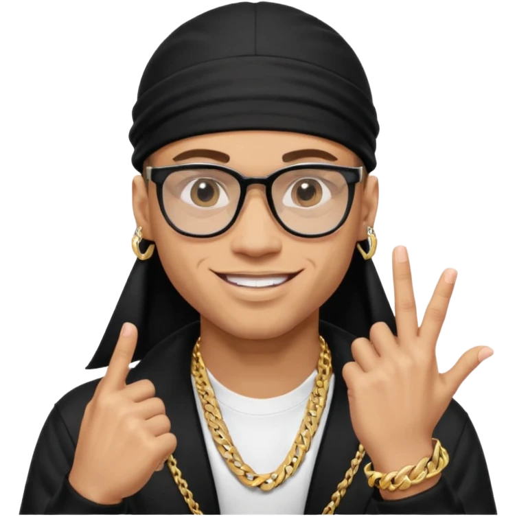 lightskin man with a black durag,a cuban link chain,glasses, and smiling flexing grills with crossed arms but with one arm up and pinky finger touching grills  emoji