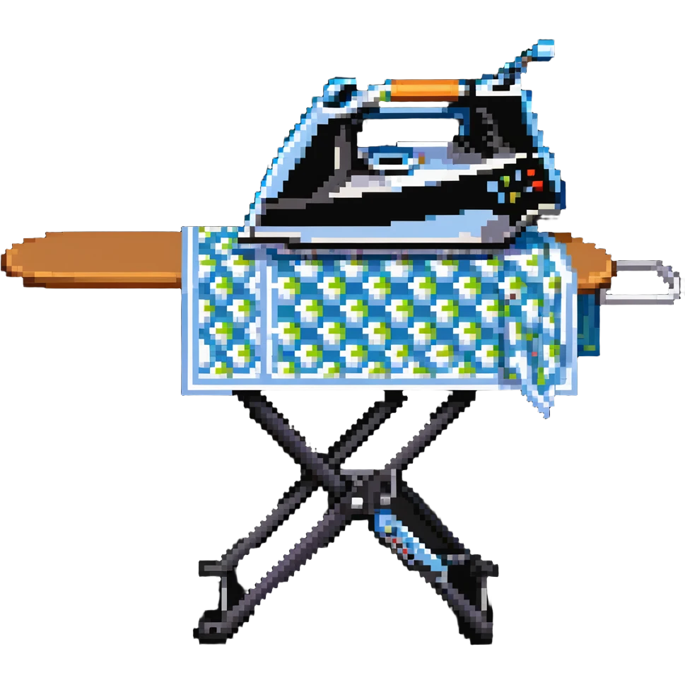 A detailed clothes iron next to an ironing board emoji
