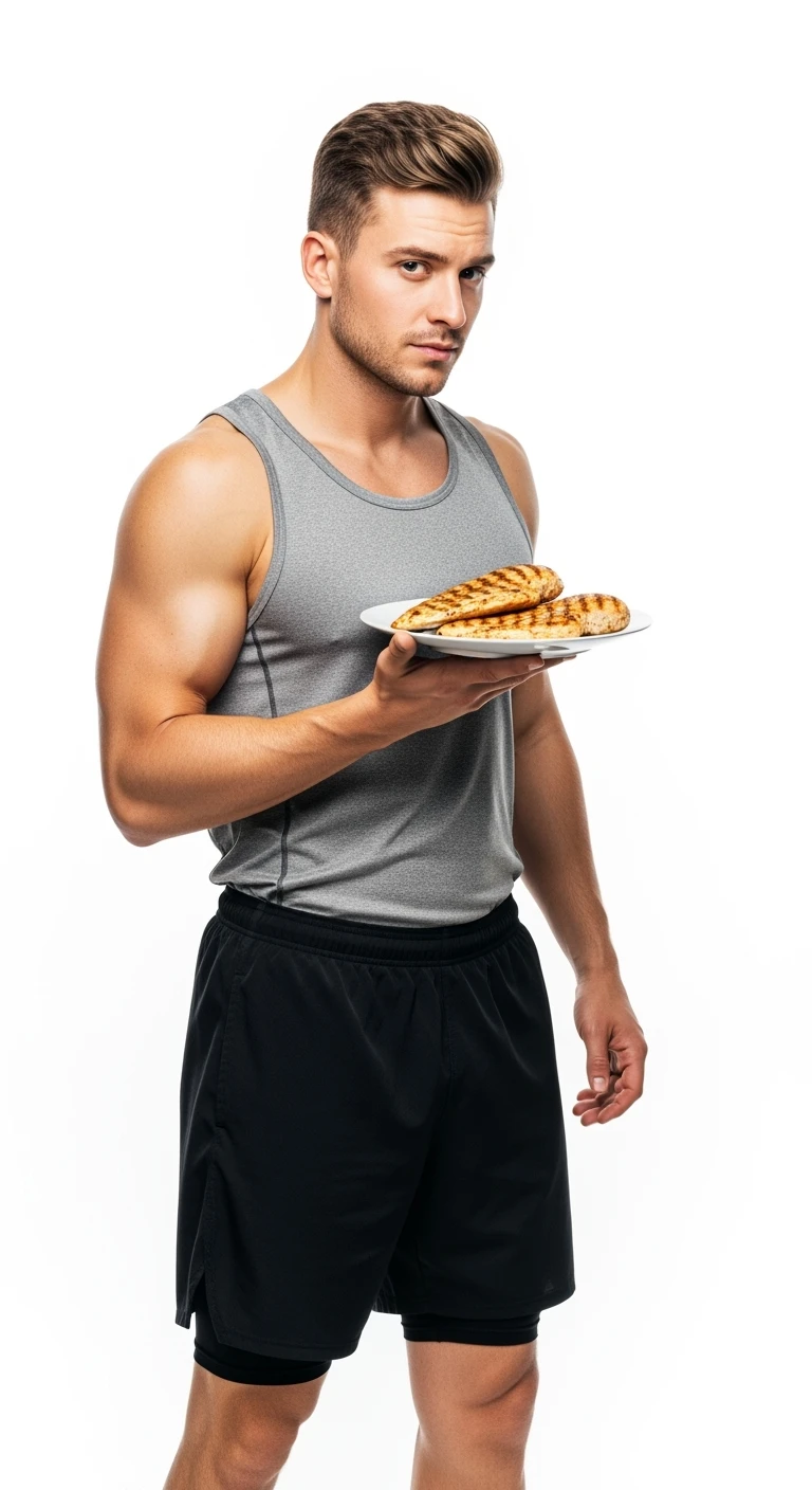uomo fitness CHE TIENE UN PIATTO DI PETTO DI POLLO GRIGLIATO IN MANO E LO GUARDA DUBBIOSO, ISOLATO SU SFONDO BIANCO emoji