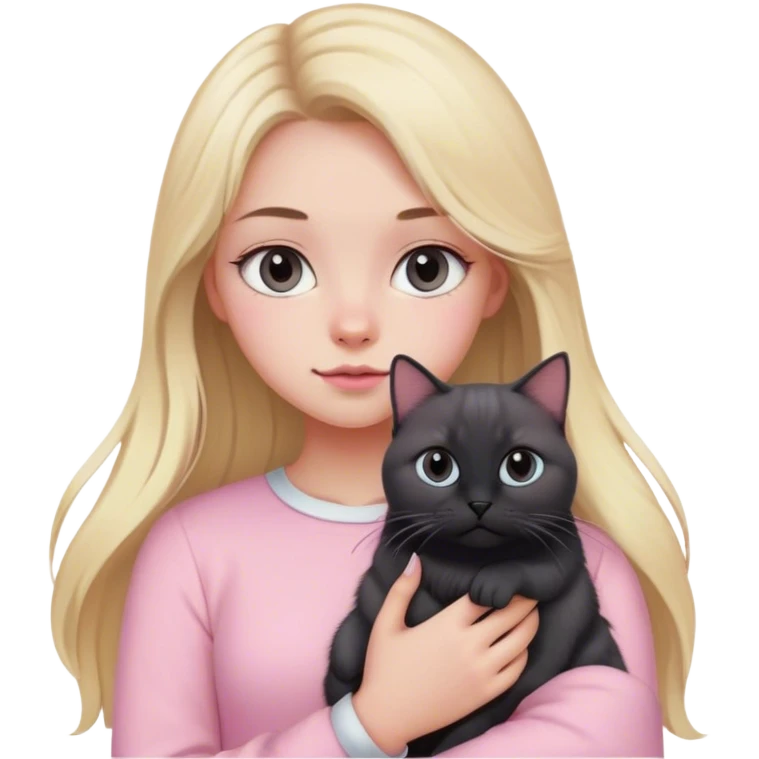 girl with blond long hair, grey eyes and fair skin in pink pastel clothes holds a black British cat in her arms emoji