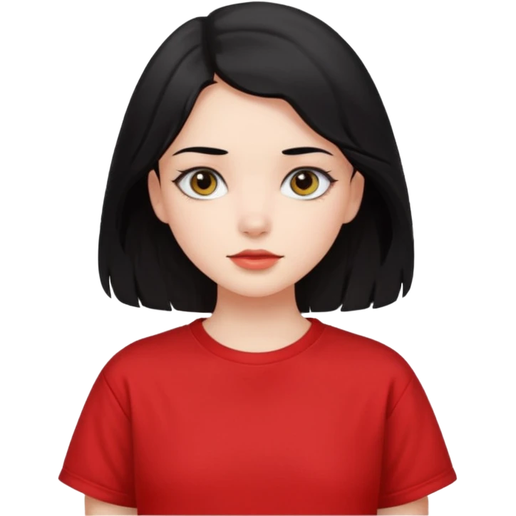 Buatkan aku emoji perempuan yang memiliki warna kulit cerah, mata yang cantik, dan mempunyai rambut hitam yang lurus dan sedikit bergelombang dan panjang rambutnya sampai ke pundak, dan memakai kaos pendek oversize berwarna merah  emoji
