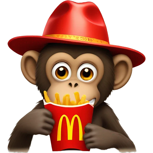Monkey eating a packet of mcdonalds fries wearing a hat that says petes takeaways emoji