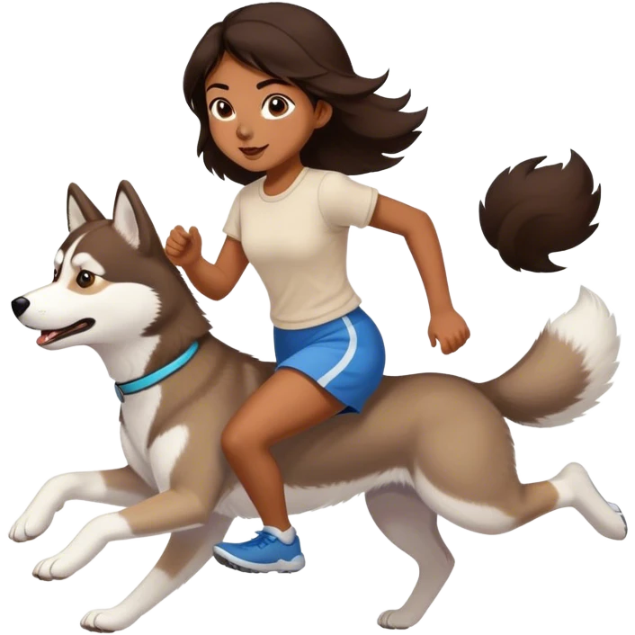 Fille, brune qui court avec son HUSKY beige clair emoji