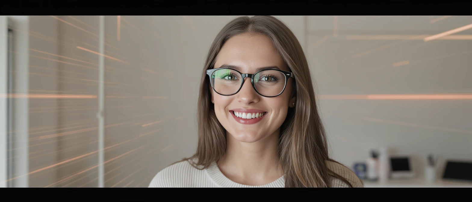 Cinematic still of a smiling european white woman with glasses smiling, minimalistic ophthalmologist interior in background, leading  lines, "rule of thirds" emoji