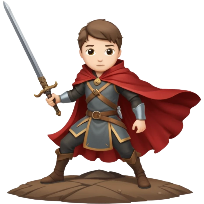 Character leaning on a sword stuck in the ground, wind whipping cape emoji