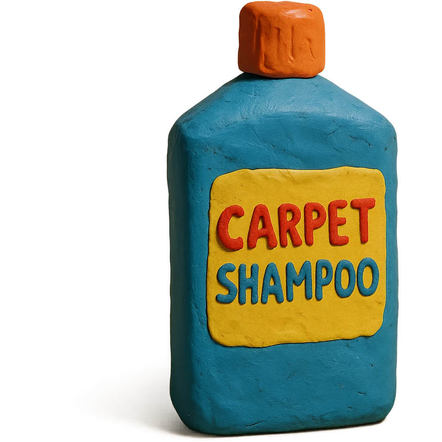 bottle of carpet shampoo with bright label and visible fingerprints, claymation style emoji