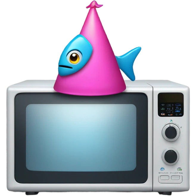 A microwave wearing a party hat with a fish face emoji