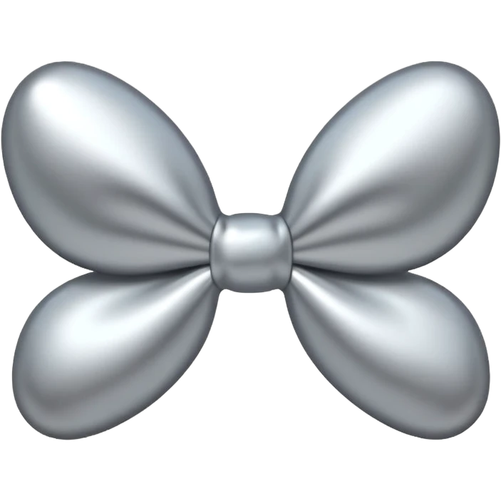 A cute bow emoji made of polished silver chrome, smooth rounded loops, glossy metallic surface, soft mirror reflections, subtle highlights, minimal and adorable proportions, iOS emoji style, centered composition, clean white background, soft studio lighting, no text, no outline, ultra high quality emoji