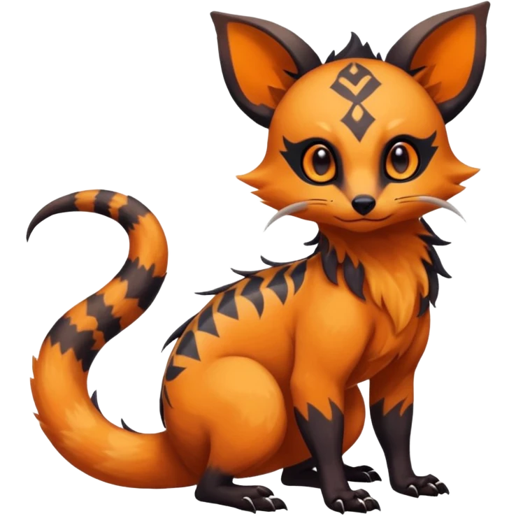 Rare warm-colored exotic cute epic aesthetic gothic colorful Salandit-Eevee-Civet-species-Fakemon-hybrid-creature, with intricate tattoo markings, full body emoji