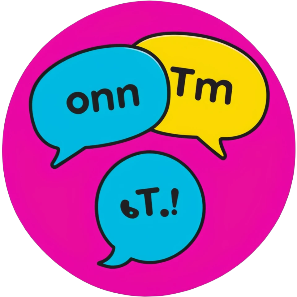 Minimalist sticker with white 'tt' letters on a black circle with cyan, magenta, and yellow dots below, speech bubble with street style influence emoji