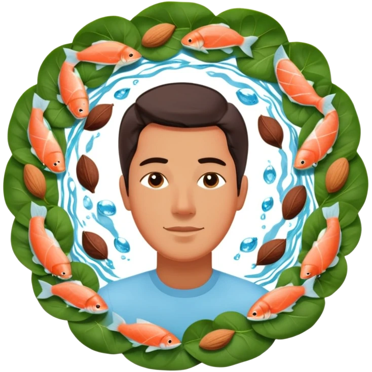 Relaxed floating man surrounded by circling foods: pieces of salmon, dark chocolate, almonds, and spinach leaves. These omega-3 and magnesium-rich foods glow softly as they orbit around him, creating a peaceful, weightless atmosphere. emoji