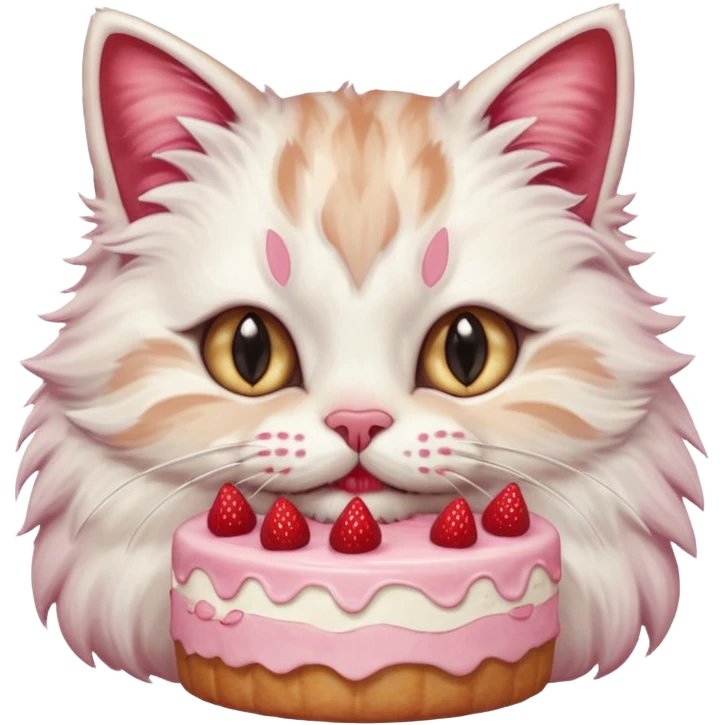 Close-up portrait of a fluffy cat eating a strawberry cake, pink cream on its nose and whiskers, detailed fur texture, soft natural light, shallow depth of field, high resolution, cute and candid moment
 emoji