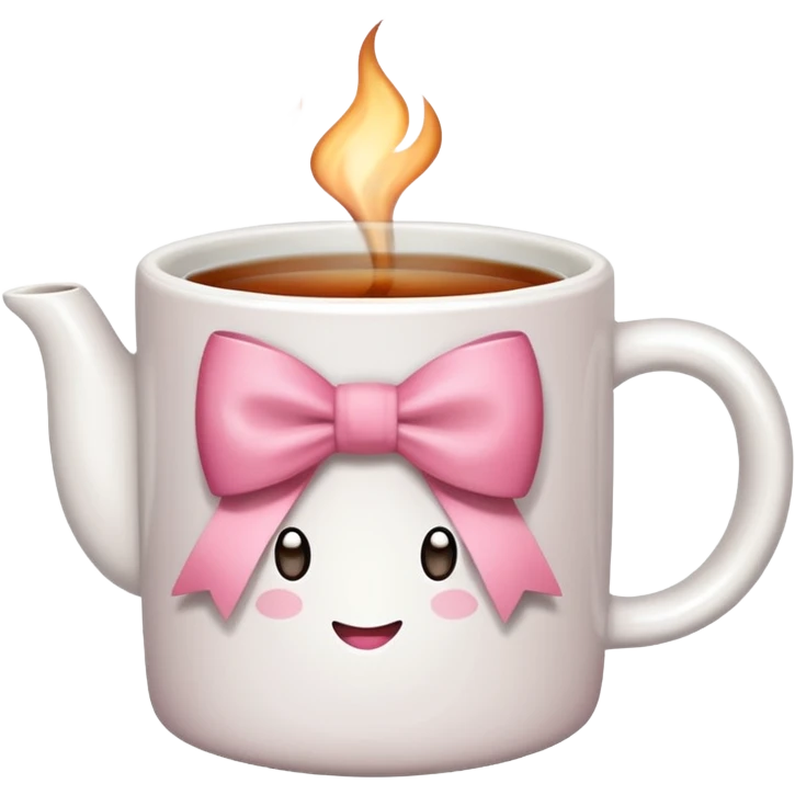 A white mug with a pink bow that contains tea emoji