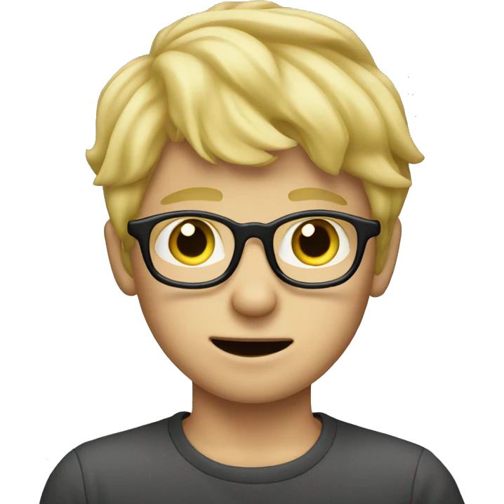 Blonde boy with glasses with his finger in front of his face and pointing at his jaw emoji
