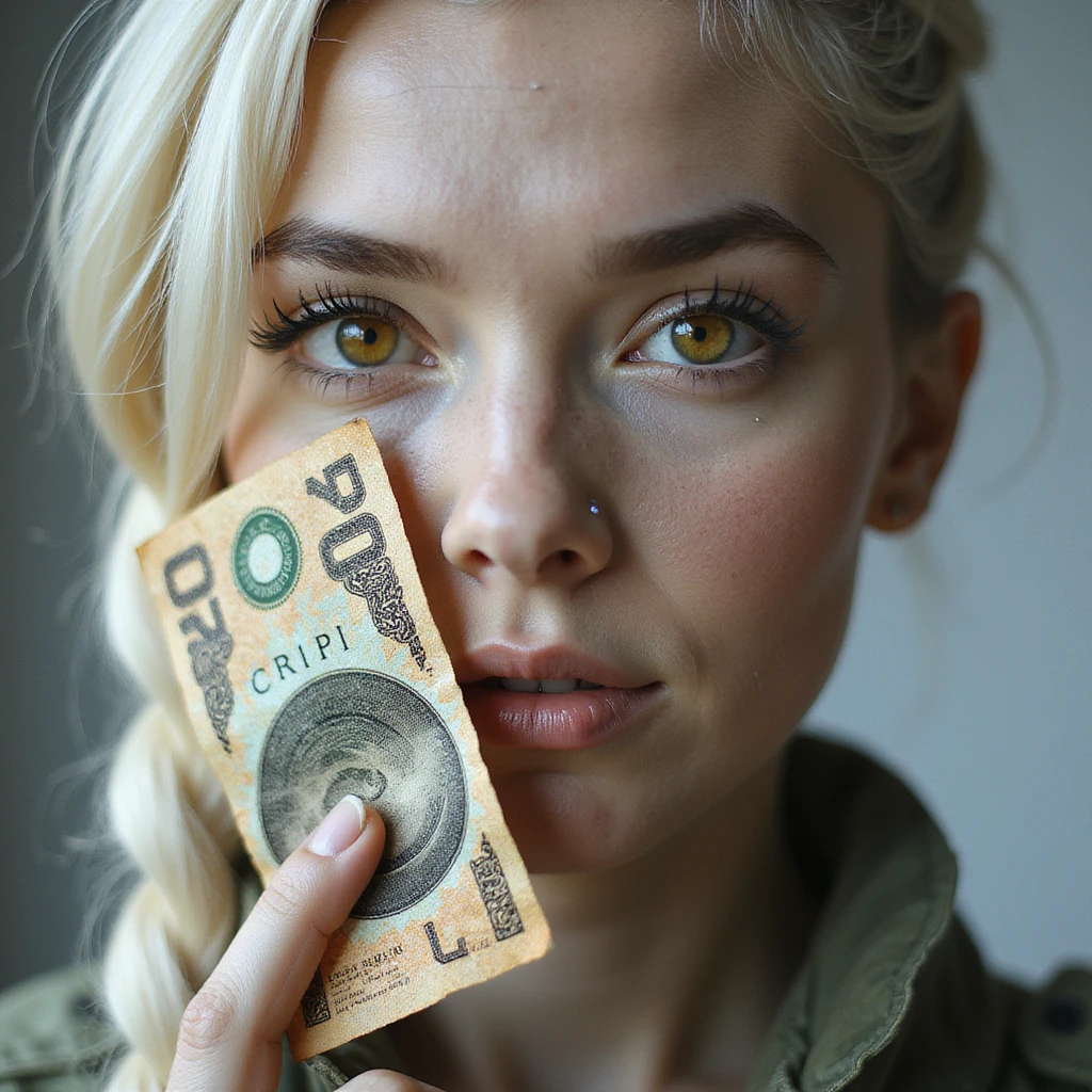 a banknote bill. full frame close up of a "20 crisp" banknote. futuristic, cyberpunk. stellar and planetary style designs adorn the bill. the face pictures is a woman in her 20's, gold yellow eyes, white hair in a single long braid, side of head shaved. she wears a military flight bdu emoji