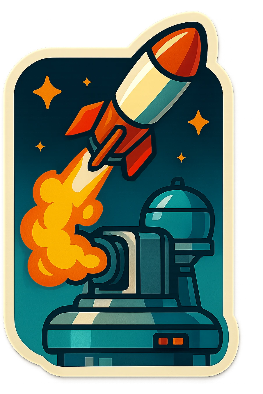 missile battery on a space station launching a missile, retro stickers style, with stars in the background emoji