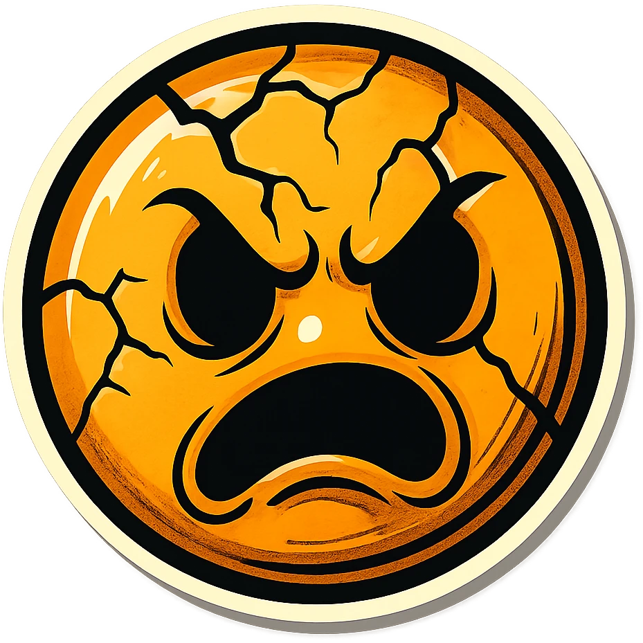 scary cracked emoji, creepy, retro stickers style, sharp black outlines, expressive shadows and highlights, no gradients, only sharp color transitions emoji