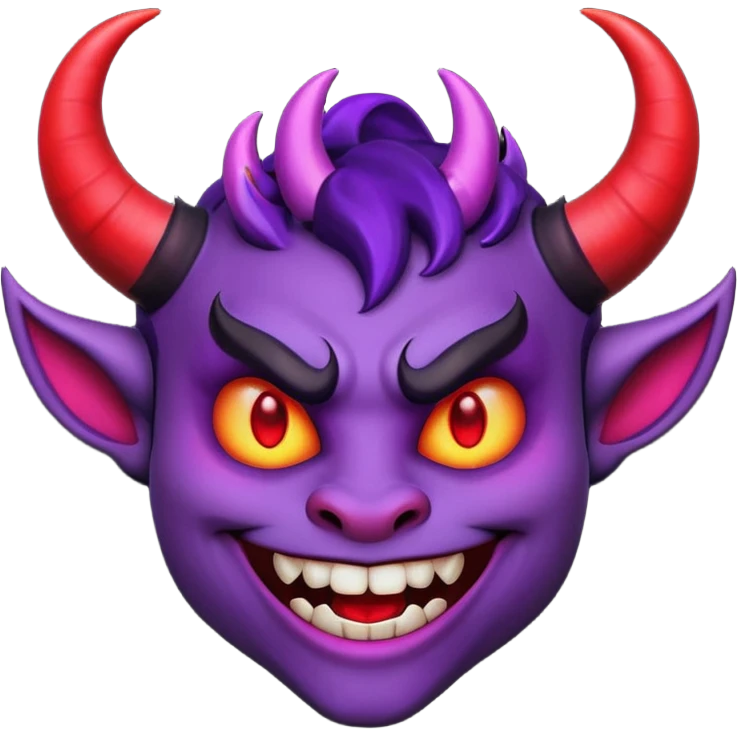 "Smiling face with horns devil emoji, purple skin, curved black horns, mischievous grin with fangs, pointed eyebrows, glowing red eyes, simple white background, cartoon emoji style, high detail, vibrant colors, isolated emoji