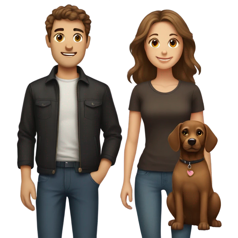 Guy with brown hair and girl with brown hair with one black dog and one tan dog emoji