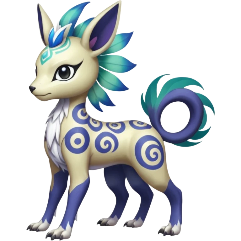 Tropical Tiny Marked Patterned Tribal Colorful Skilled Adept Graceful Asian Painted Garurumon-Meloetta-Absol-Suicune-Cobalion-fusion-hybrid-creature (full body) emoji