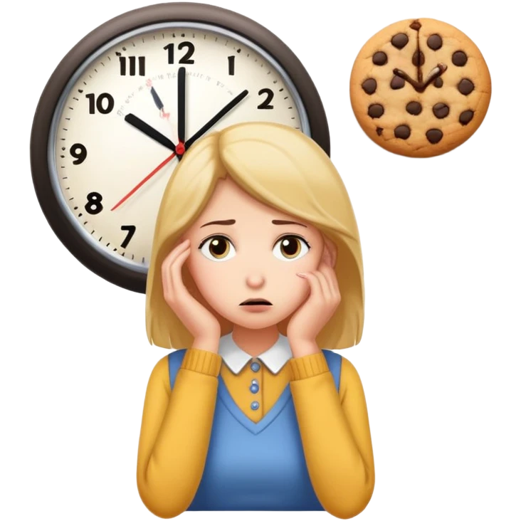 woman waiting hungry and sad  for cookie to be ready, looking on a clock that is on the wall  emoji