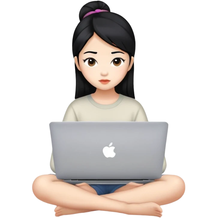 Asian girl with black hair sitting and watching a MacBook laptop emoji