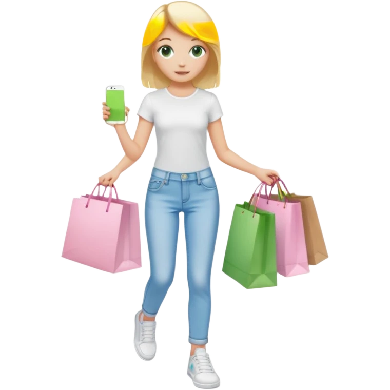 Girl with blonde hair with light pink streaks , green eyes , a white shirt that is tight , light blue jeans and white sneakers holding shopping bags while walking in a mall emoji