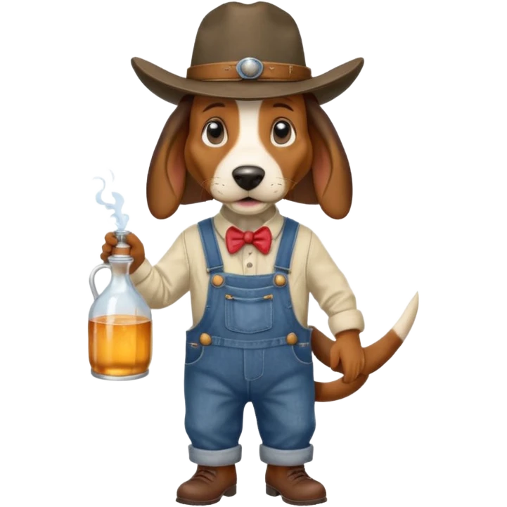 toothless hillbilly basset hound wearing a stetson and dungarees carrying moonshine emoji