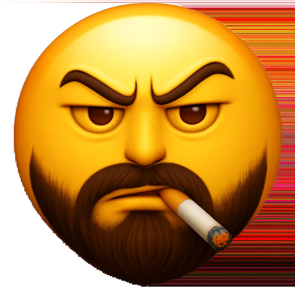 Make this yellow round smiley face look threatening, add a beard and a cigarette, keep the emoji style and color. The style is emoji style with bright yellow color and simple round shape. emoji