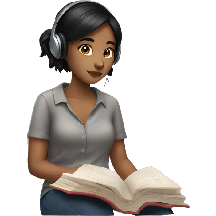girl with black hair in cosy shirt and a book wearing earbuds  emoji