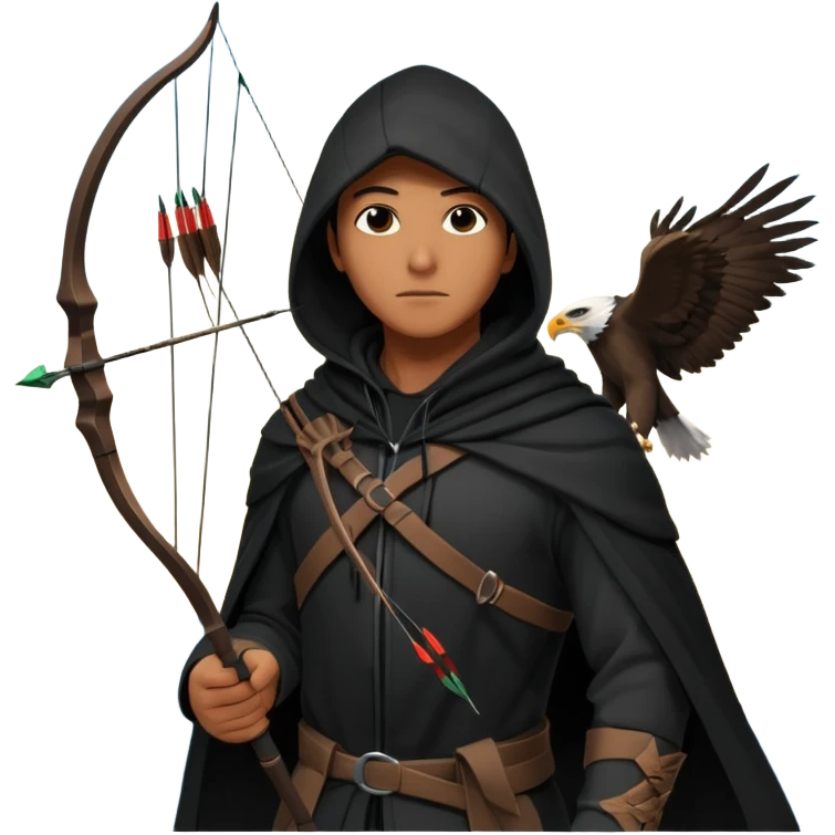 hooded man in a tall buliding a silloute shot, bow and arrows in hand. in the sky a big eagle is flying in modern time emoji