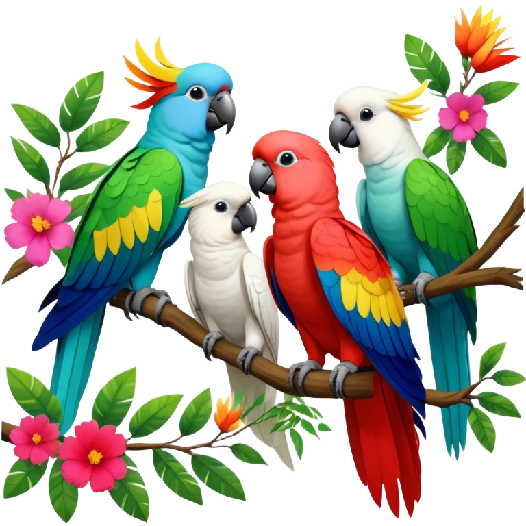 Close-up collage of vibrant Ara parrots and Inca cockatoos sitting on tree branches, surrounded by lush greenery. Bright colors of the birds stand out against a natural, sunny background of trees and flowers. Transparent background. emoji