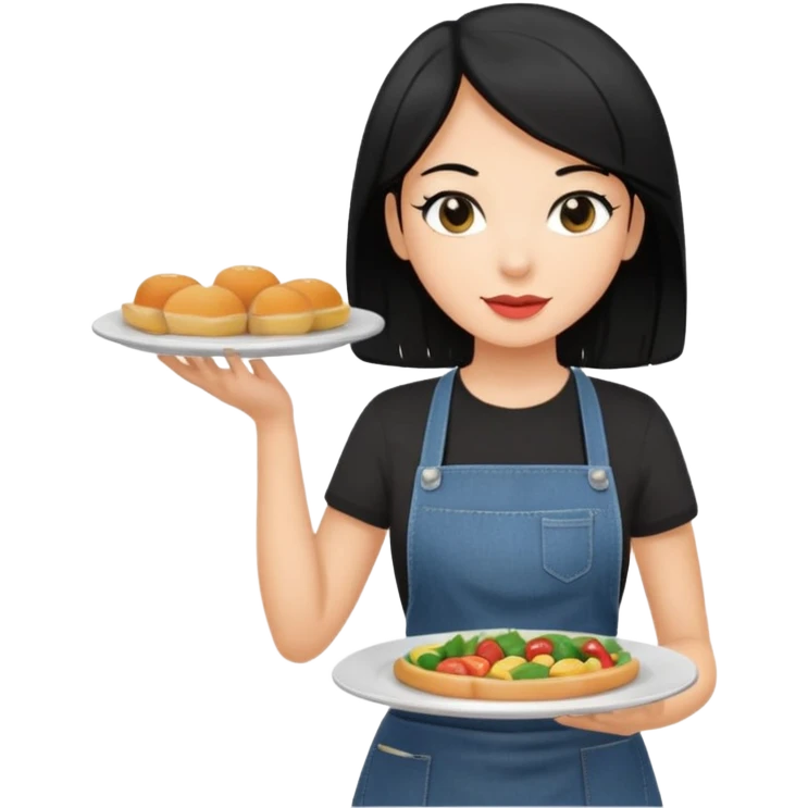 waitress with black hair and a food plate with a black tshirt and ª jeans apron emoji