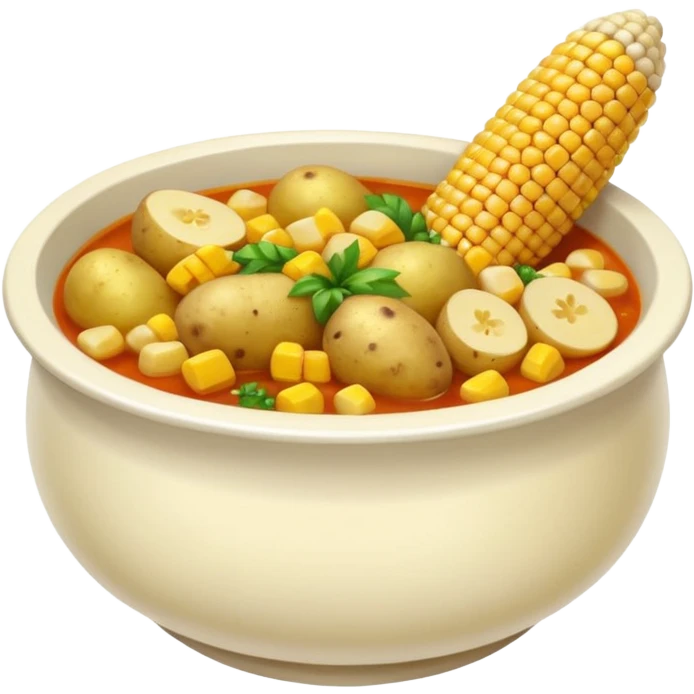 emoji of ajiaco soup bowl with visible potatoes, corn cob, and chicken, classic emoji style, vibrant colors emoji