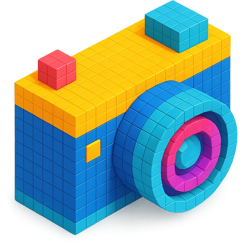 classic design camera in voxel style, isometric view emoji